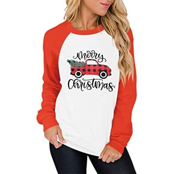 ANTSZONE Tops - ANTSZONE Womens Merry Christmas Plaid Truck Tree Graphic Shirt (Orange/White-M)